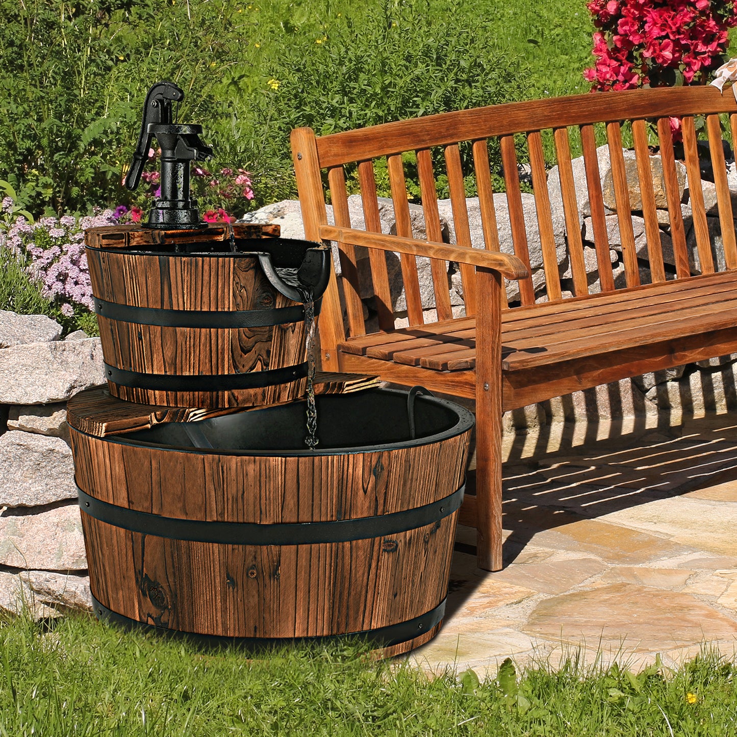 Topbuy 2-Tier Barrel Waterfall Rustic Fountain Barrel Wooden Water Fountain Pump for Garden Patio
