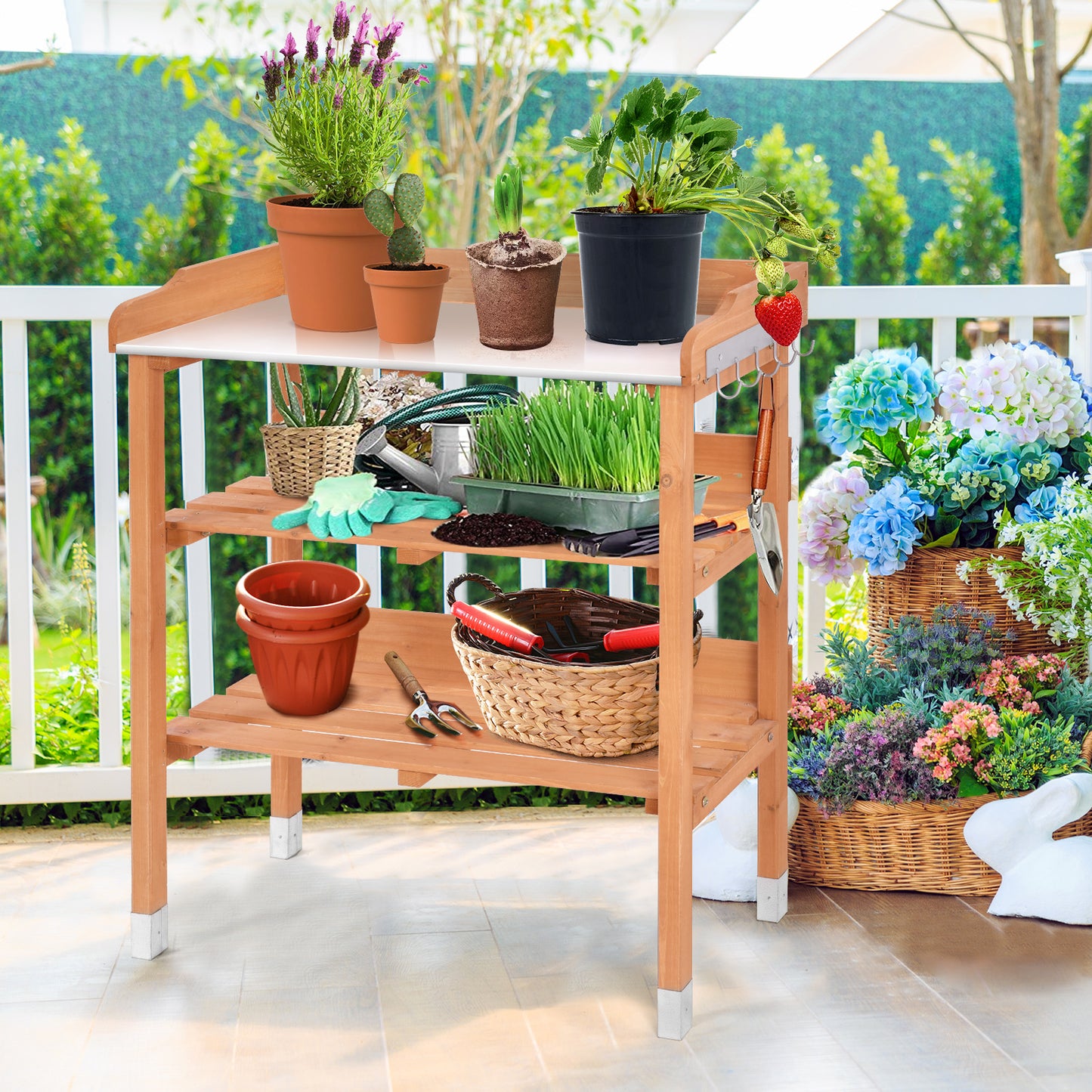 Topbuy Garden Wooden Potting Bench Work Station Table Tool W/5 Hooks Non-Slip Potting Tables Storage Shelf with protective footpads