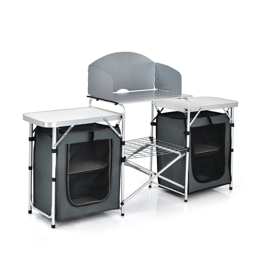 Topbuy Portable Camping Kitchen Table Aluminum Fold-Up Camping Kitchen with Windscreen for BBQ, Picnic, Party Gray/Black
