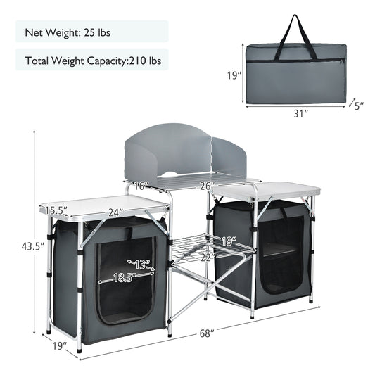 Topbuy Portable Camping Kitchen Table Aluminum Fold-Up Camping Kitchen with Windscreen for BBQ, Picnic, Party Gray/Black