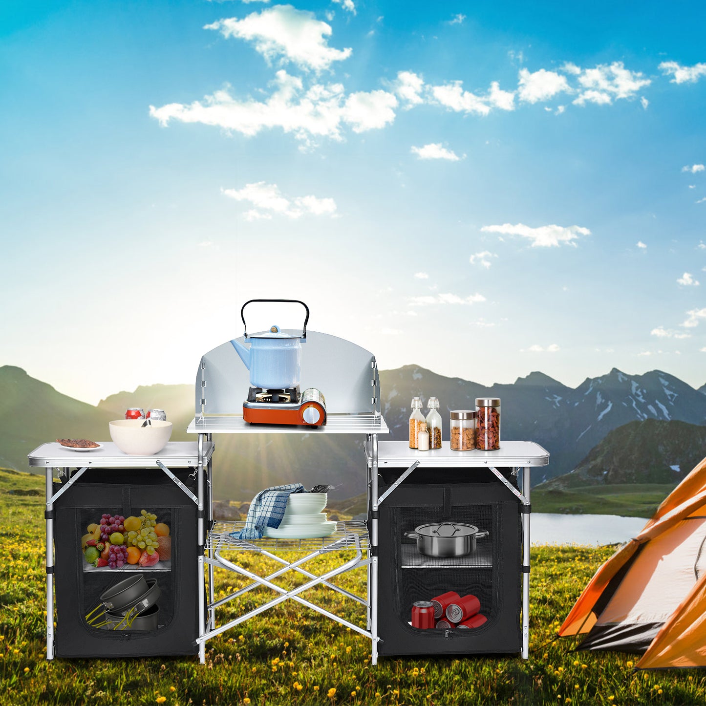 Topbuy Portable Camping Kitchen Table Aluminum Fold-Up Camping Kitchen with Windscreen for BBQ, Picnic, Party Gray/Black