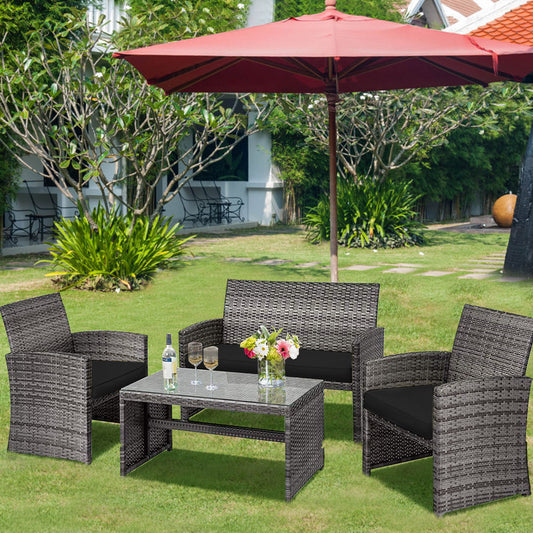 Patiojoy 4-Piece Outdoor Patio Furniture Set Rattan Wicker Conversation Sofa Set Black