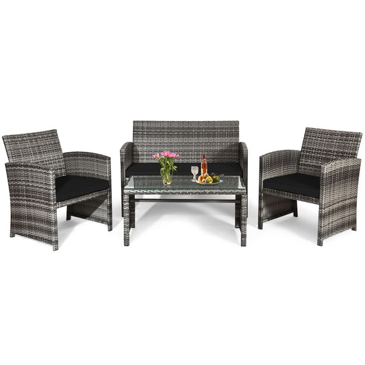 Patiojoy 4-Piece Outdoor Patio Furniture Set Rattan Wicker Conversation Sofa Set Black