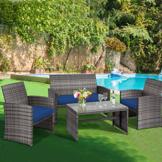Patiojoy 4-Piece Outdoor Patio Furniture Set Rattan Wicker Conversation Sofa Set Navy