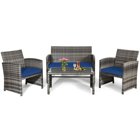 Patiojoy 4-Piece Outdoor Patio Furniture Set Rattan Wicker Conversation Sofa Set Navy