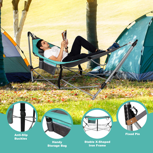 Topbuy Portable Folding Hammock Free Standing Hammock W/ Stand-Folds Carrying Bag Anti-Slip Buckle Storage Pocket Turquoise/Red/Black/Blue/Grey