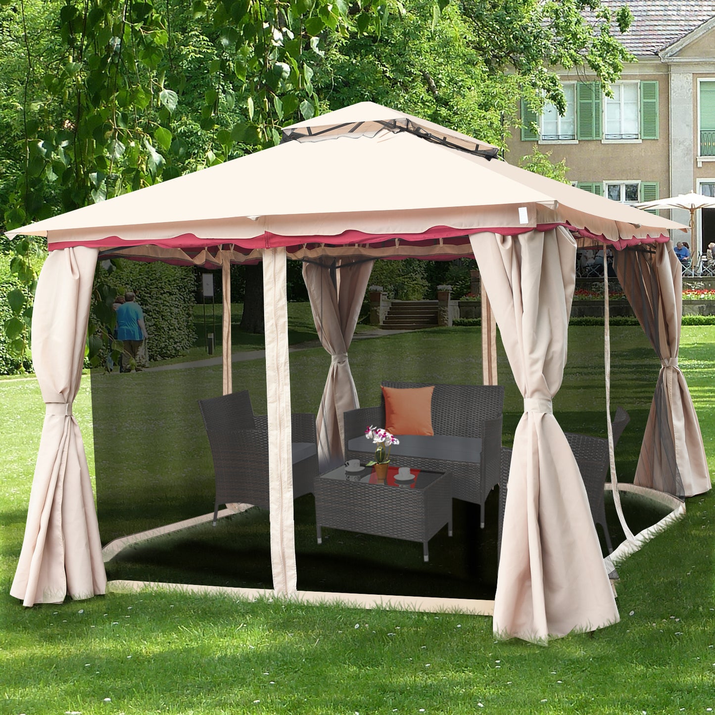 Topbuy 13'x10'Outdoor Canopy Gazebo Art Steel Frame 2-Tiers Party Patio Large Canopy Gazebo W/Netting&Side Walls