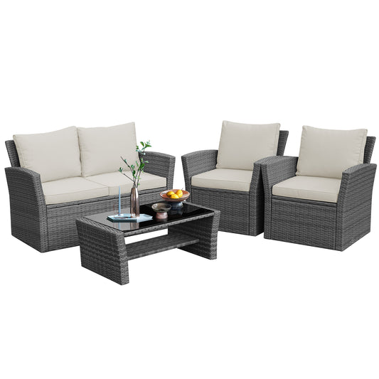 Patiojoy 4-Piece Rattan Wicker Patio Outdoor Furniture Sofa Set with Cushions & Tempered Glass Table Khaki/Black/Grey/Red/Turquoise