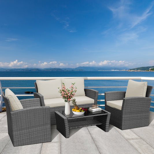 Patiojoy 4-Piece Rattan Wicker Patio Outdoor Furniture Sofa Set with Cushions & Tempered Glass Table Khaki/Black/Grey/Red/Turquoise
