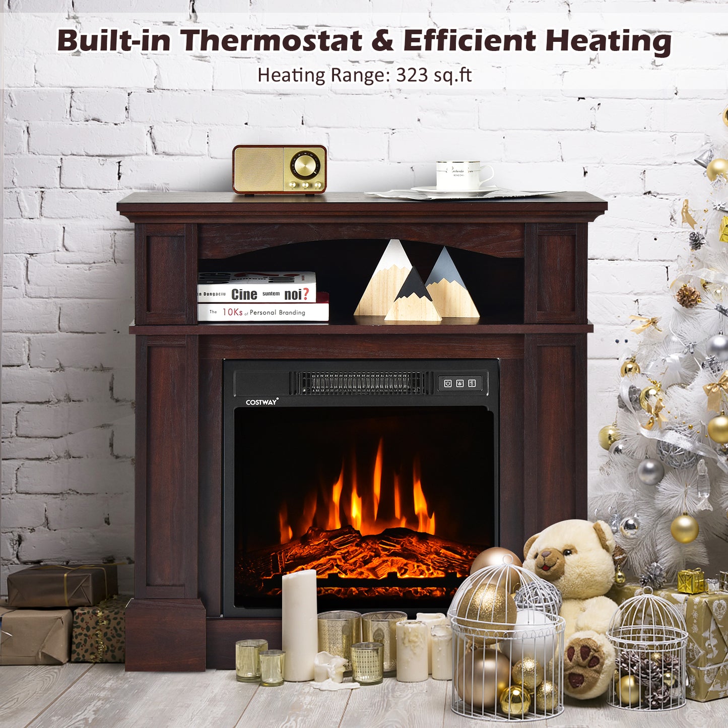 Topbuy 32'' Electric Fireplace with Mantel 1400W Freestanding Heater with Remote Control & Adjustable Brightness White/Natural