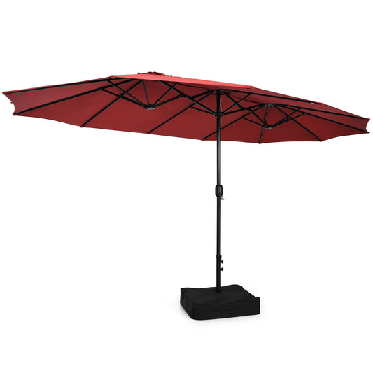 Patiojoy 15FT Double-Sided Twin Patio Umbrella with Base Extra-Large Market Umbrella for Outdoor Wine/Beige/Coffee/Orange/Turquoise/Grey