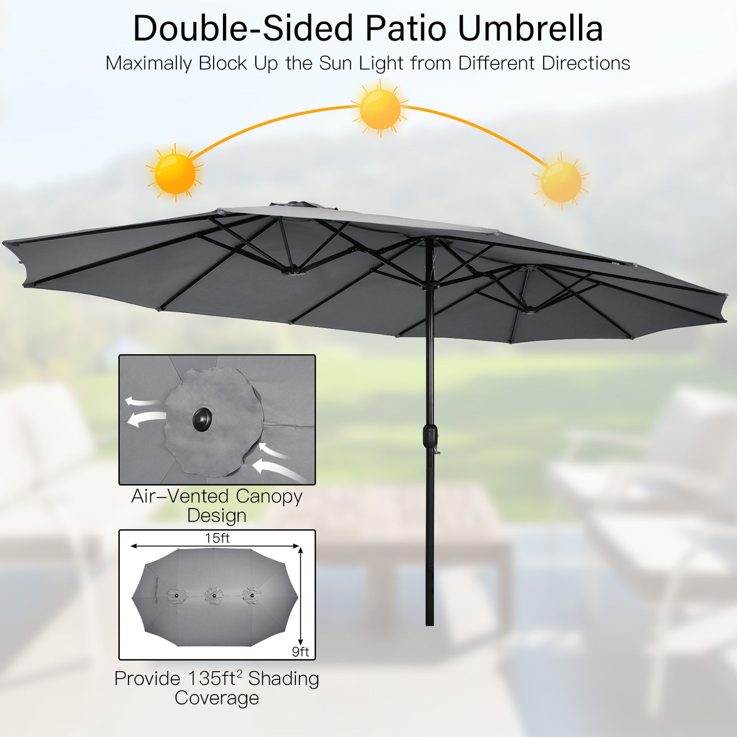 Patiojoy 15FT Double-Sided Twin Patio Umbrella with Base Extra-Large Market Umbrella for Outdoor Wine/Beige/Coffee/Orange/Turquoise/Grey