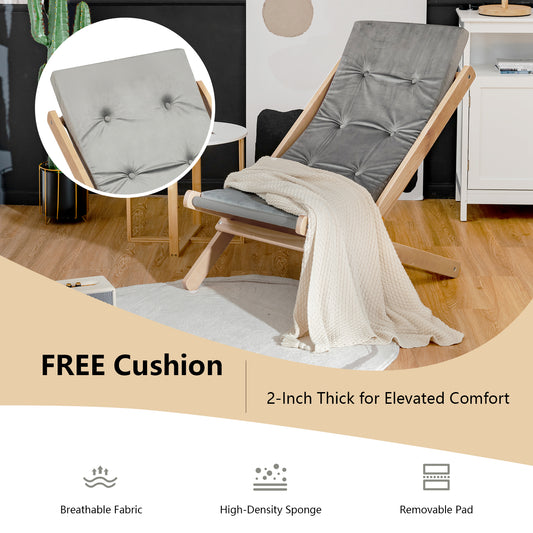 Topbuy Foldable Wood Beach Sling Chair with 3 Adjustable Positions Indoor Living Room Chaise Lounge Grey