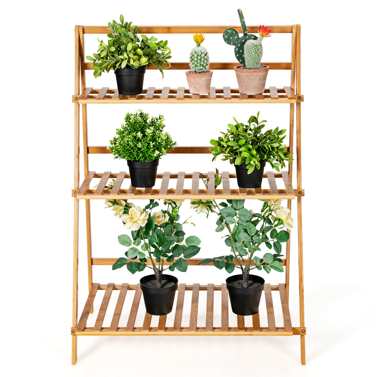 Topbuy 3 Tier Folding Storage Shelf Bamboo Ladder Plant Stand Flower Pot Display Shelf Rack Natural for Indoor&Outdoor