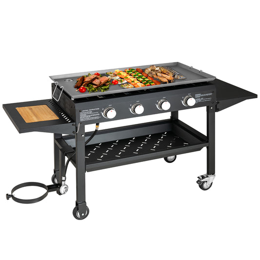 Topbuy 36'' Flat Top Gas Grill 60000BTU Foldable Outdoor Griddle Station w/ Wheels&4 Burner Propane Cooking Griddle Station
