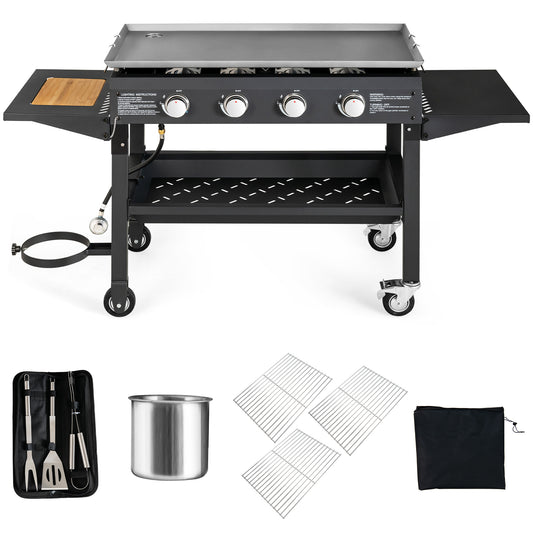 Topbuy 36'' Flat Top Gas Grill 60000BTU Foldable Outdoor Griddle Station w/ Wheels&4 Burner Propane Cooking Griddle Station