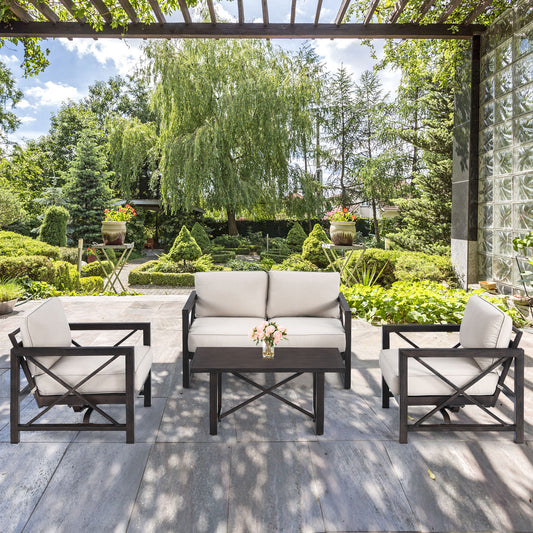 Patiojoy 4PCS Patio Rocking Chair Side Table Set Solid Steel Deck Bistro Set Classic Furniture Single Sofa Thick Cushion Loveseat for Garden