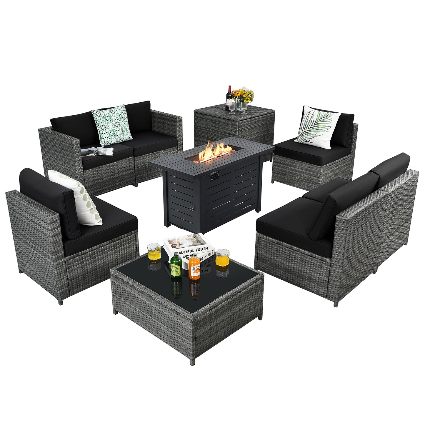 Patiojoy 9 PCS Rattan Dinning Set Wicker Sofa w/Propane Gas Fire Pit 60,000 Btu Heater Grey/Turquoise/Black/Navy/Red/Off White
