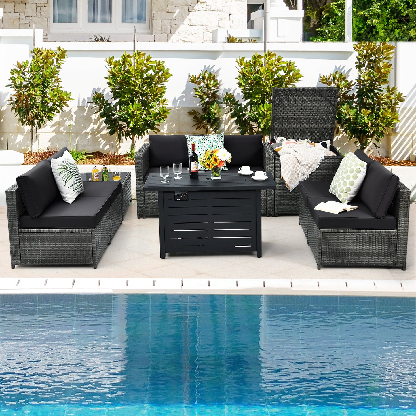 Patiojoy 9 PCS Rattan Dinning Set Wicker Sofa w/Propane Gas Fire Pit 60,000 Btu Heater Grey/Turquoise/Black/Navy/Red/Off White