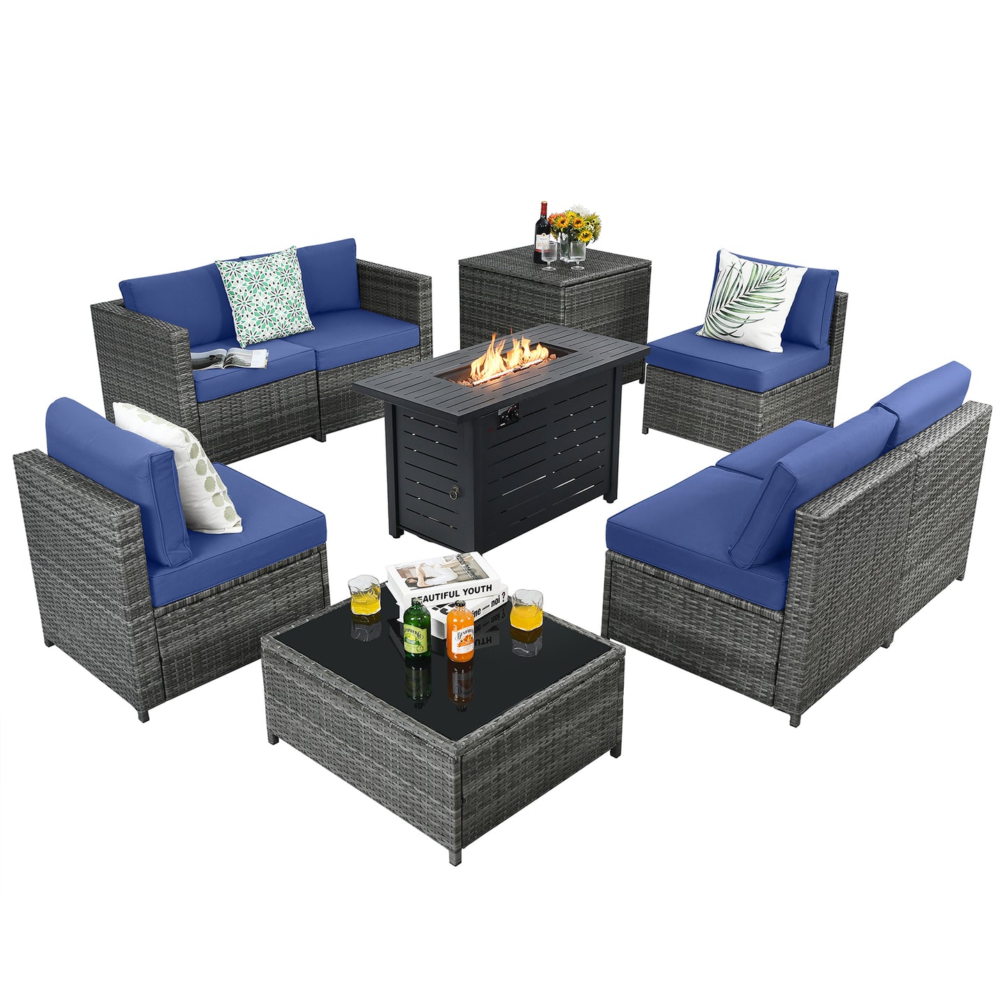Patiojoy 9 PCS Rattan Dinning Set Wicker Sofa w/Propane Gas Fire Pit 60,000 Btu Heater Grey/Turquoise/Black/Navy/Red/Off White
