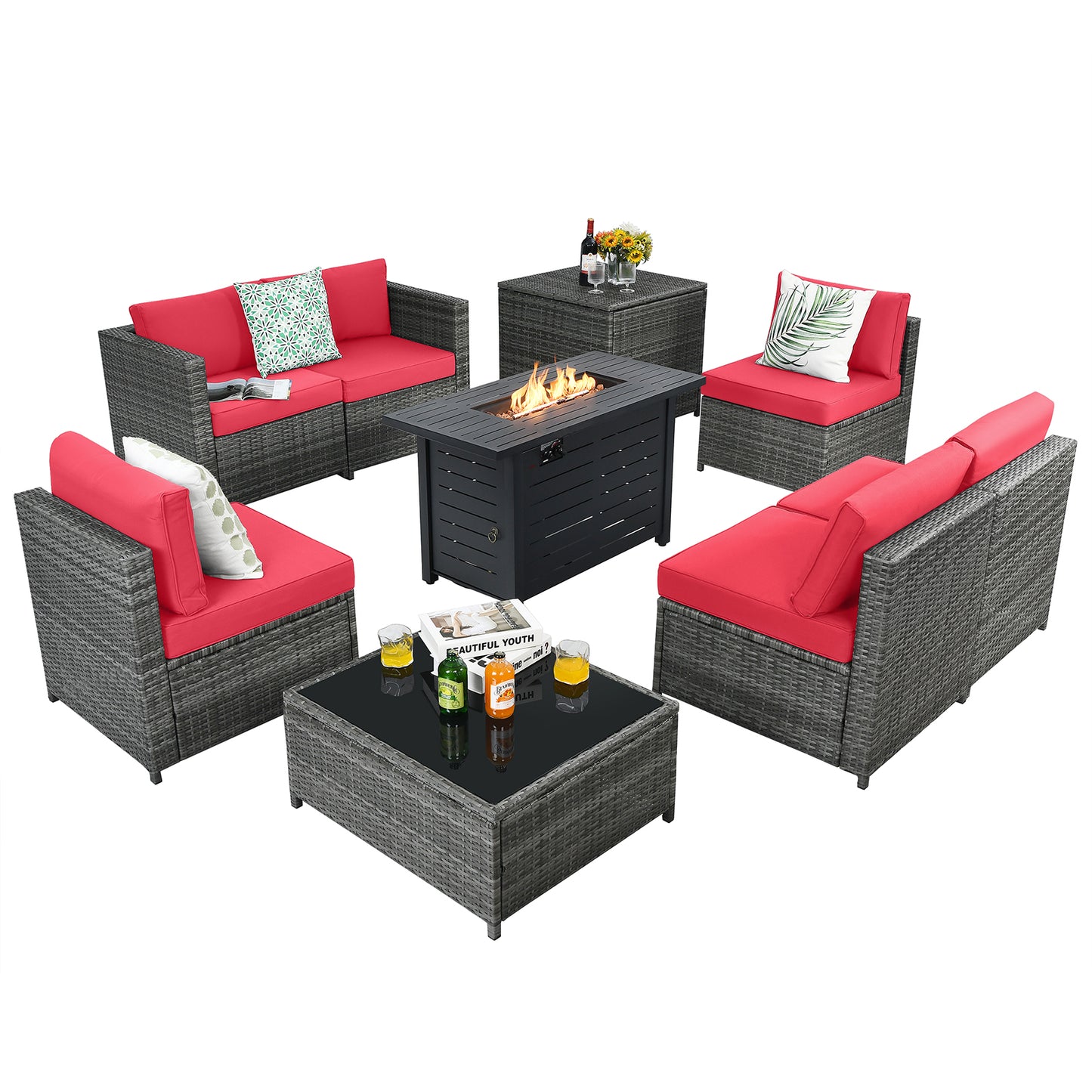 Patiojoy 9 PCS Rattan Dinning Set Wicker Sofa w/Propane Gas Fire Pit 60,000 Btu Heater Grey/Turquoise/Black/Navy/Red/Off White