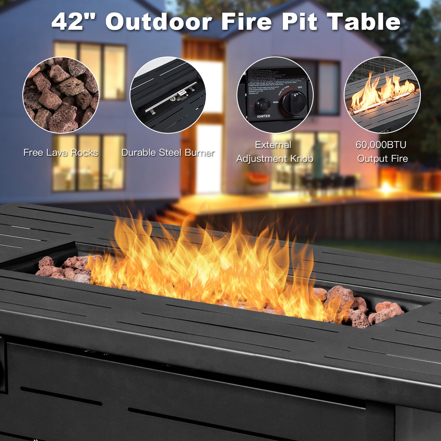 Patiojoy 9 PCS Rattan Dinning Set Wicker Sofa w/Propane Gas Fire Pit 60,000 Btu Heater Grey/Turquoise/Black/Navy/Red/Off White
