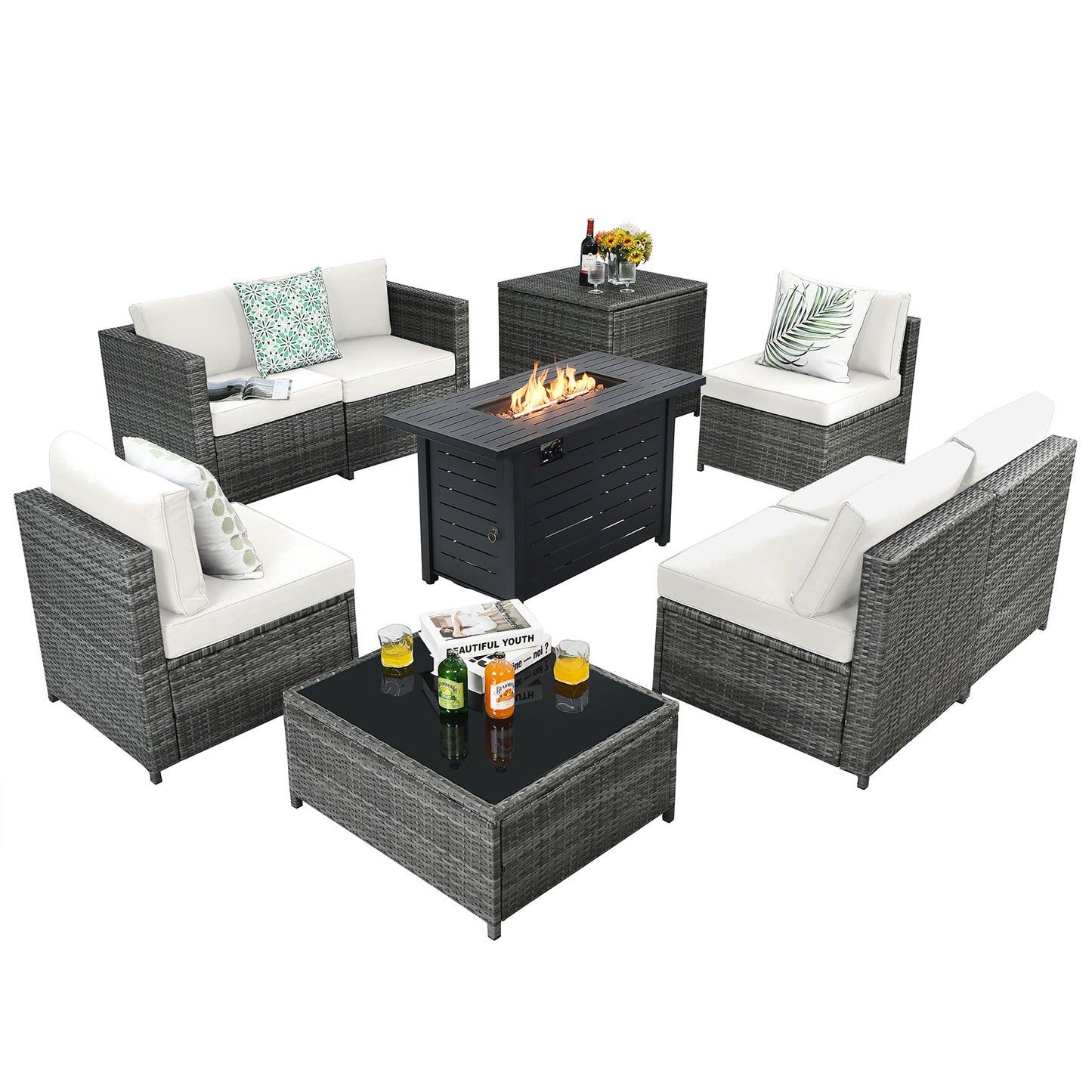 Patiojoy 9 PCS Rattan Dinning Set Wicker Sofa w/Propane Gas Fire Pit 60,000 Btu Heater Grey/Turquoise/Black/Navy/Red/Off White