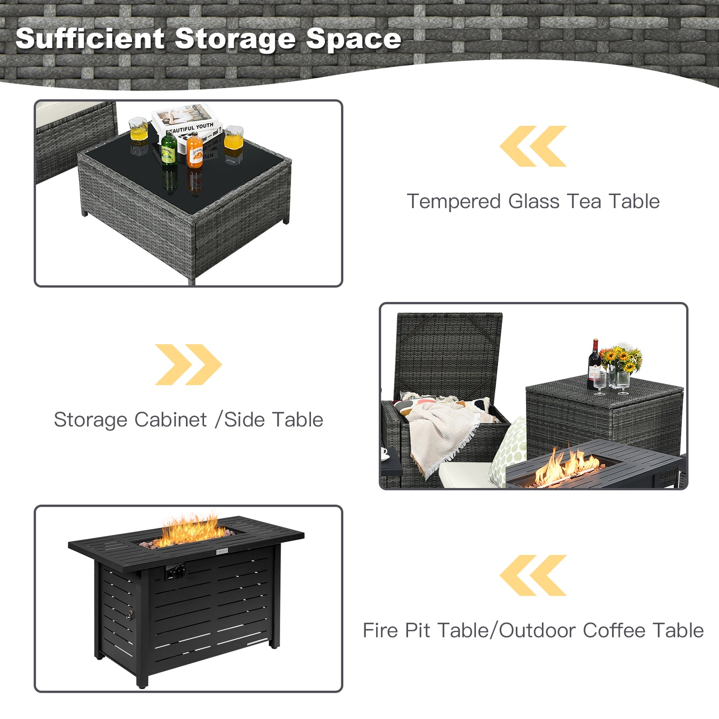 Patiojoy 9 PCS Rattan Dinning Set Wicker Sofa w/Propane Gas Fire Pit 60,000 Btu Heater Grey/Turquoise/Black/Navy/Red/Off White