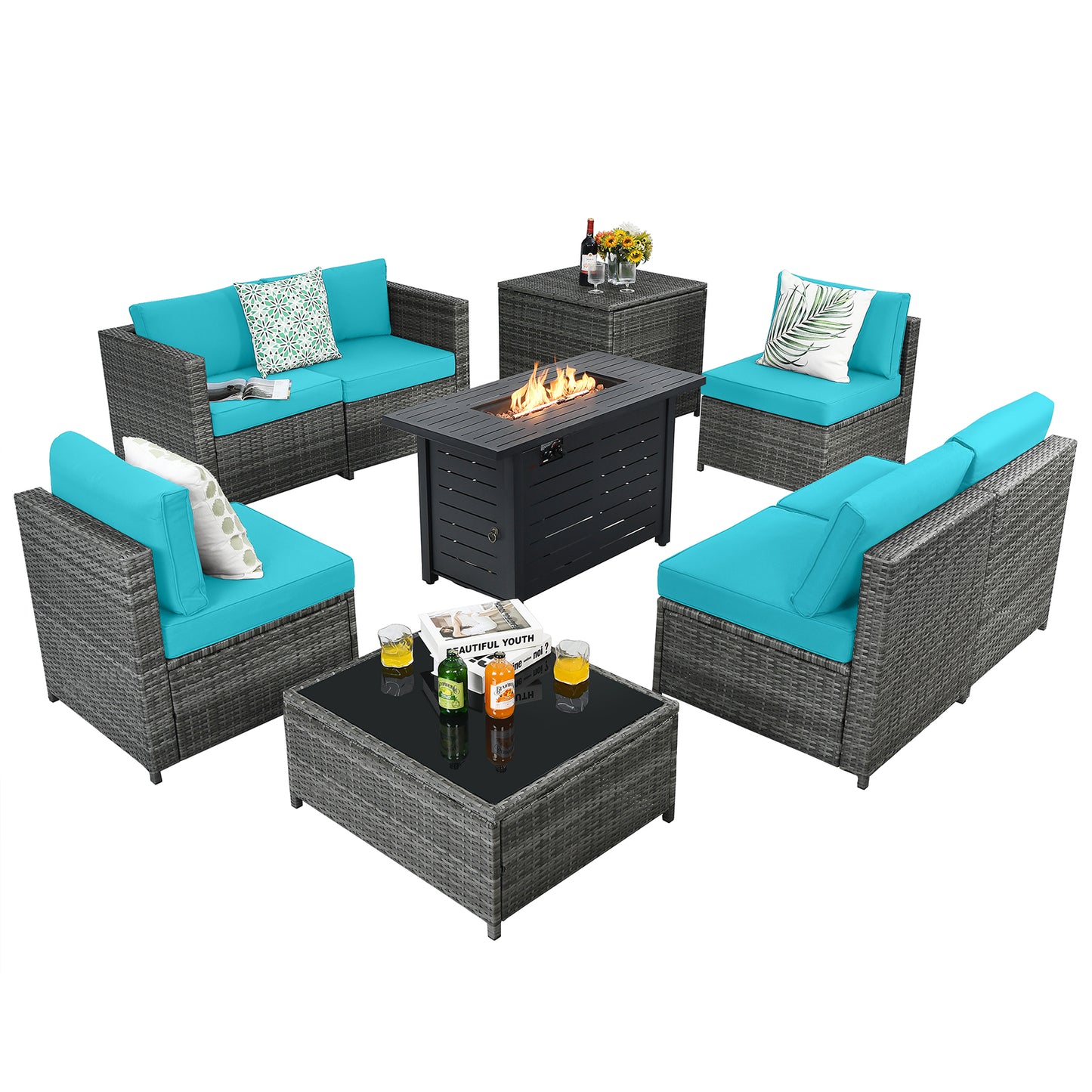 Patiojoy 9 PCS Rattan Dinning Set Wicker Sofa w/Propane Gas Fire Pit 60,000 Btu Heater Grey/Turquoise/Black/Navy/Red/Off White