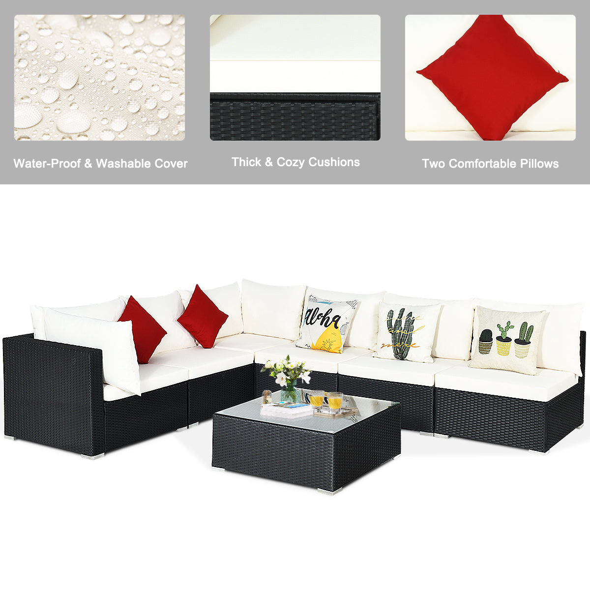 Patiojoy 7-Piece Patio PE Rattan Sectional Sofa Furniture Set Wicker Sofa Conversation Set Navy/Turquoise/Red/Beige