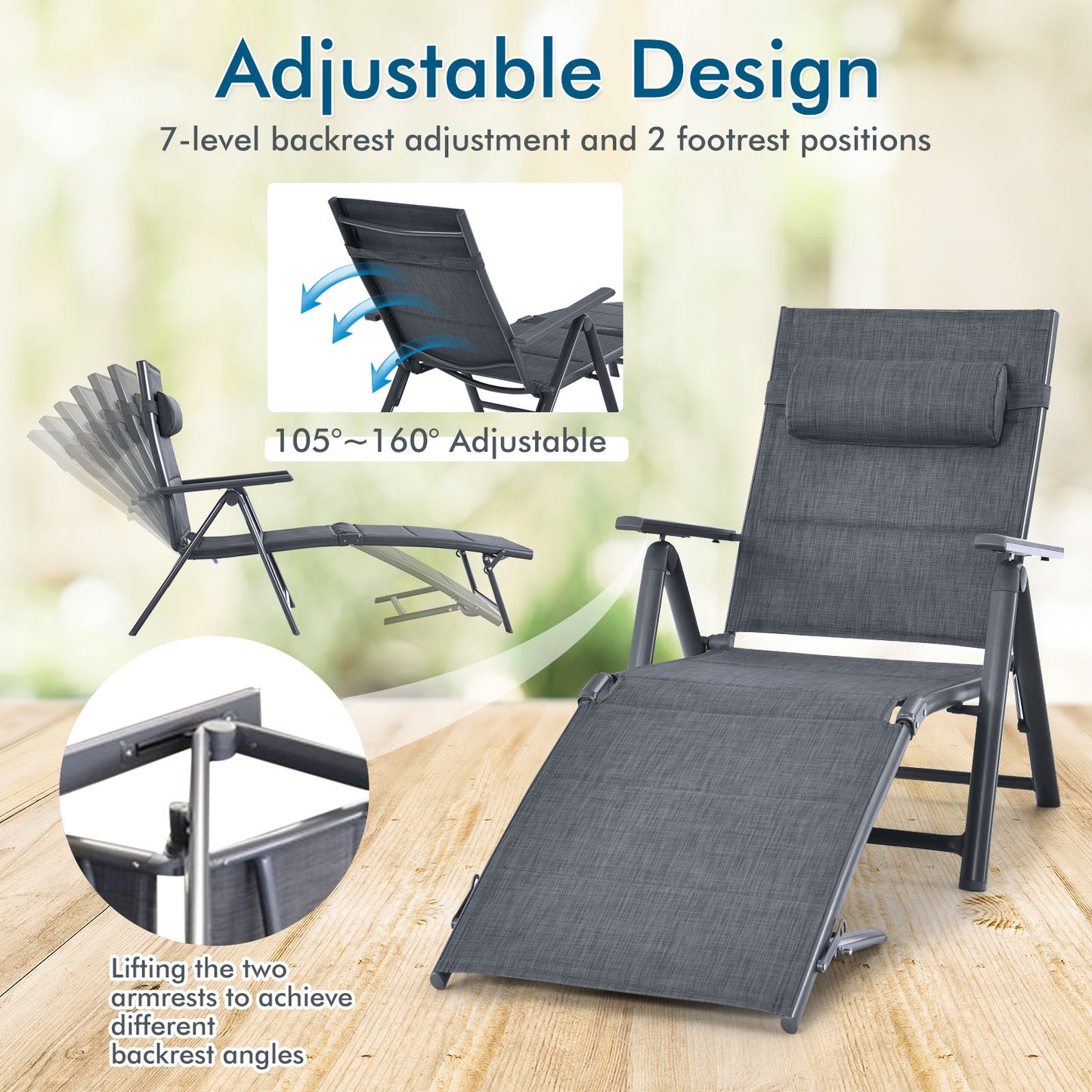 Patiojoy 1PC/2PCS Patio Reclining Chaise Lounge Outdoor Adjustable Folding Chair W/ 7 Backrest Positions & Removable Pillow