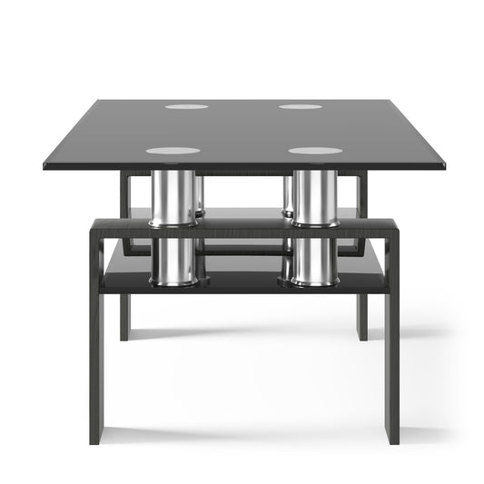 Topbuy Metal Legs Modern Side End Table Rectangle Glass Coffee Table w/Lower Shelf for Living room Black Top/White