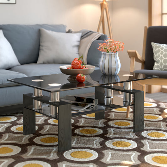 Topbuy Metal Legs Modern Side End Table Rectangle Glass Coffee Table w/Lower Shelf for Living room Black Top/White