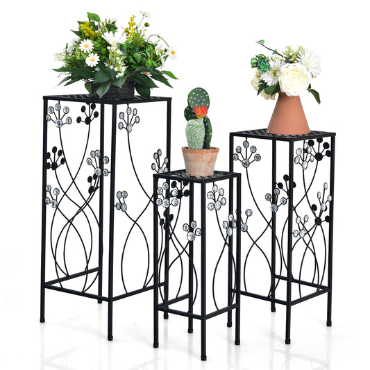 Topbuy 3 Pieces Metal Plant Stand Flower Pots Display Rack with Crystal Floral Design for Garden Square