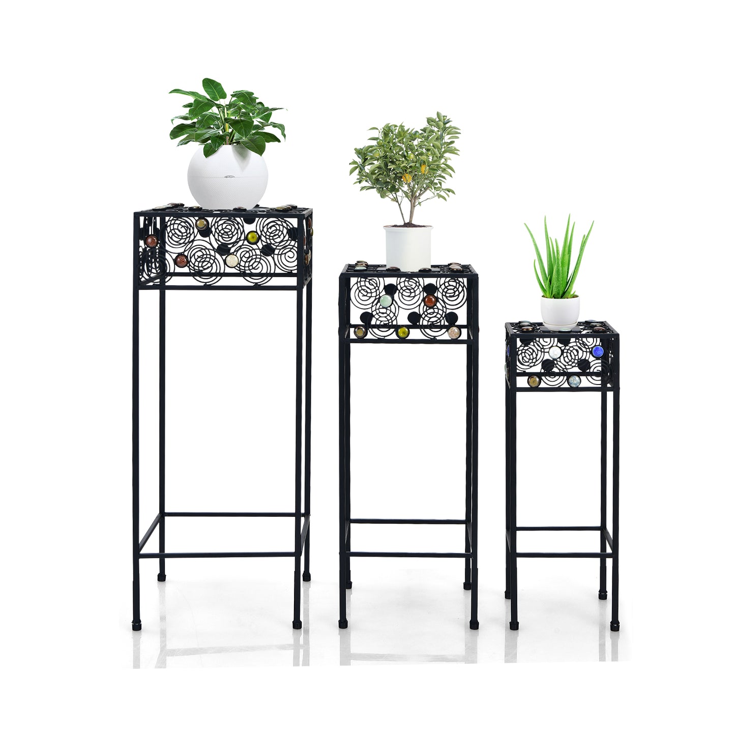 Topbuy 3 Pieces Metal Plant Stand Flower Pots Display Rack with Colorful Ceramic Beads for Garden