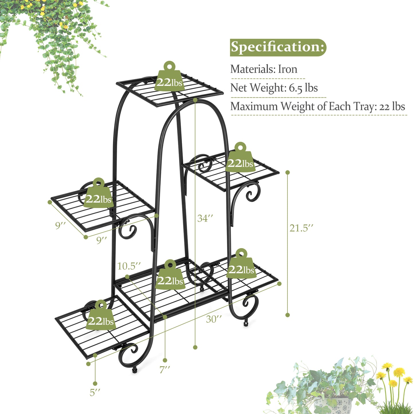 Topbuy 6 Tier Vertical Metal Corner Plant Stand Flower Pots Display Rack Storage Shelf Decorative Planter for Garden
