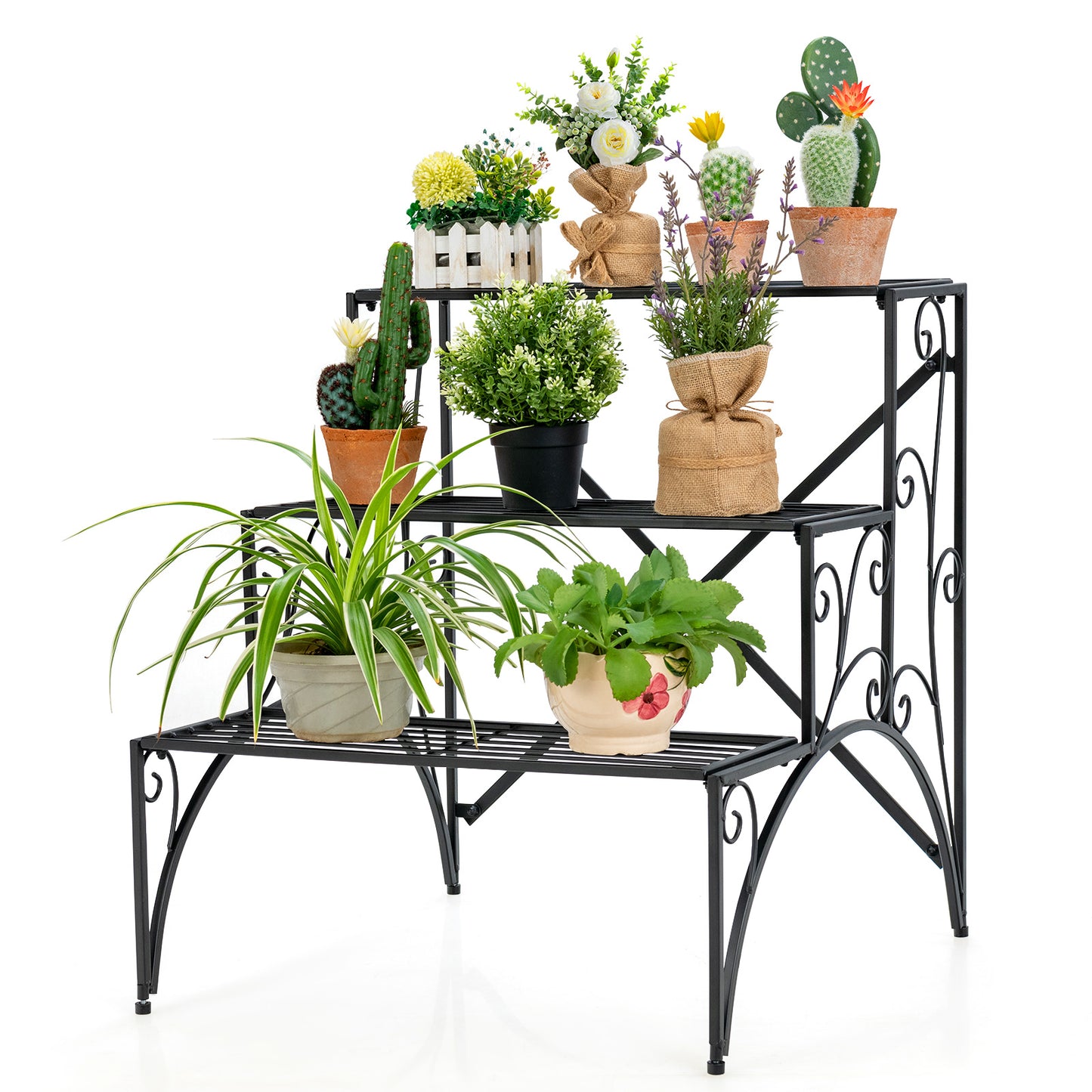 Topbuy 3 Tier Storage Shelf Metal Ladder Plant Stand Flower Pot Display Shelf Rack Natural for Indoor&Outdoor