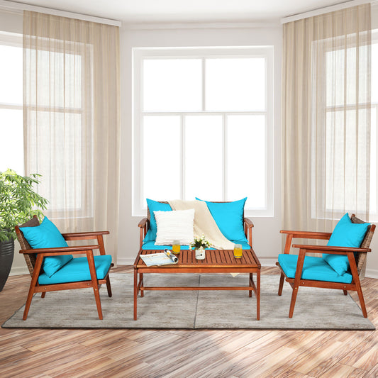 Patiojoy 4PCS Patio Rattan Furniture Set Wood Frame Cushioned Sofa with Coffee Table Sectional Conversation Sofa Set for Garden Turquoise/Navy/Brown/Red