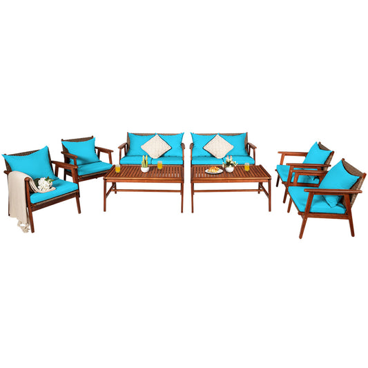 Patiojoy 8PCS Patio Rattan Furniture Set Wood Frame Cushioned Sofa with Coffee Table Sectional Conversation Sofa Set for Garden Turquoise/Navy/Brown/Red