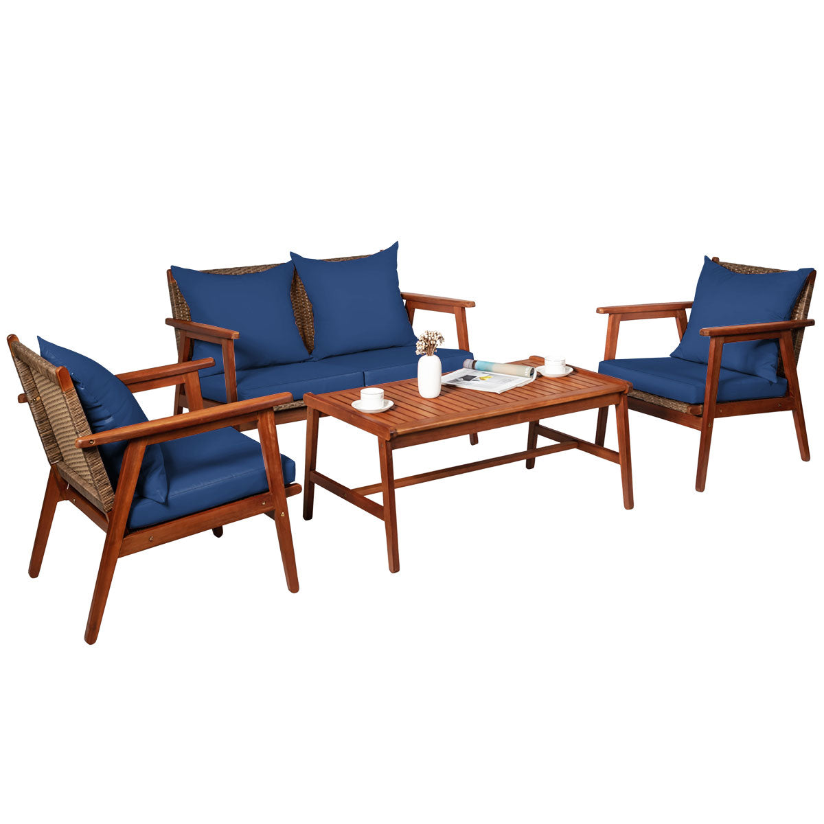 Patiojoy 8PCS Patio Rattan Furniture Set Wood Frame Cushioned Sofa with Coffee Table Sectional Conversation Sofa Set for Garden Turquoise/Navy/Brown/Red