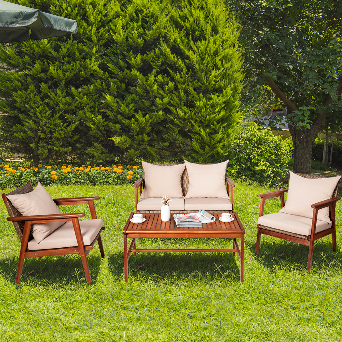 Patiojoy 8PCS Patio Rattan Furniture Set Wood Frame Cushioned Sofa with Coffee Table Sectional Conversation Sofa Set for Garden Turquoise/Navy/Brown/Red