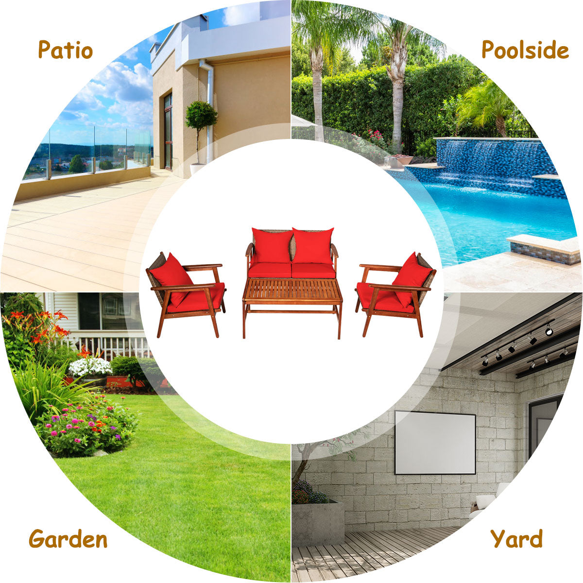 Patiojoy 8PCS Patio Rattan Furniture Set Wood Frame Cushioned Sofa with Coffee Table Sectional Conversation Sofa Set for Garden Turquoise/Navy/Brown/Red