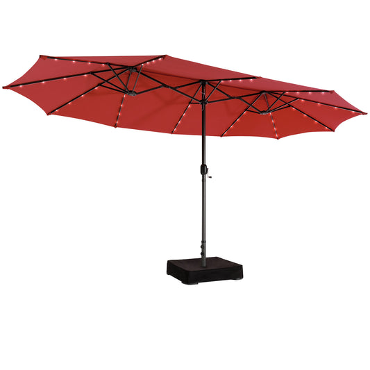Patiojoy 15FT Double-Sided Twin Patio Umbrella with Base Extra-Large&48 Solar LED Lights Market Umbrella for Outdoor Wine/Orange/Coffee/Beige