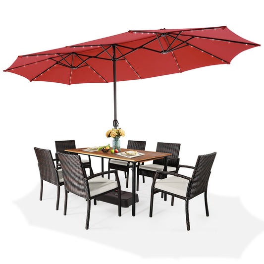 Patiojoy 15FT Double-Sided Twin Patio Umbrella with Base Extra-Large&48 Solar LED Lights Market Umbrella for Outdoor Wine/Orange/Coffee/Beige