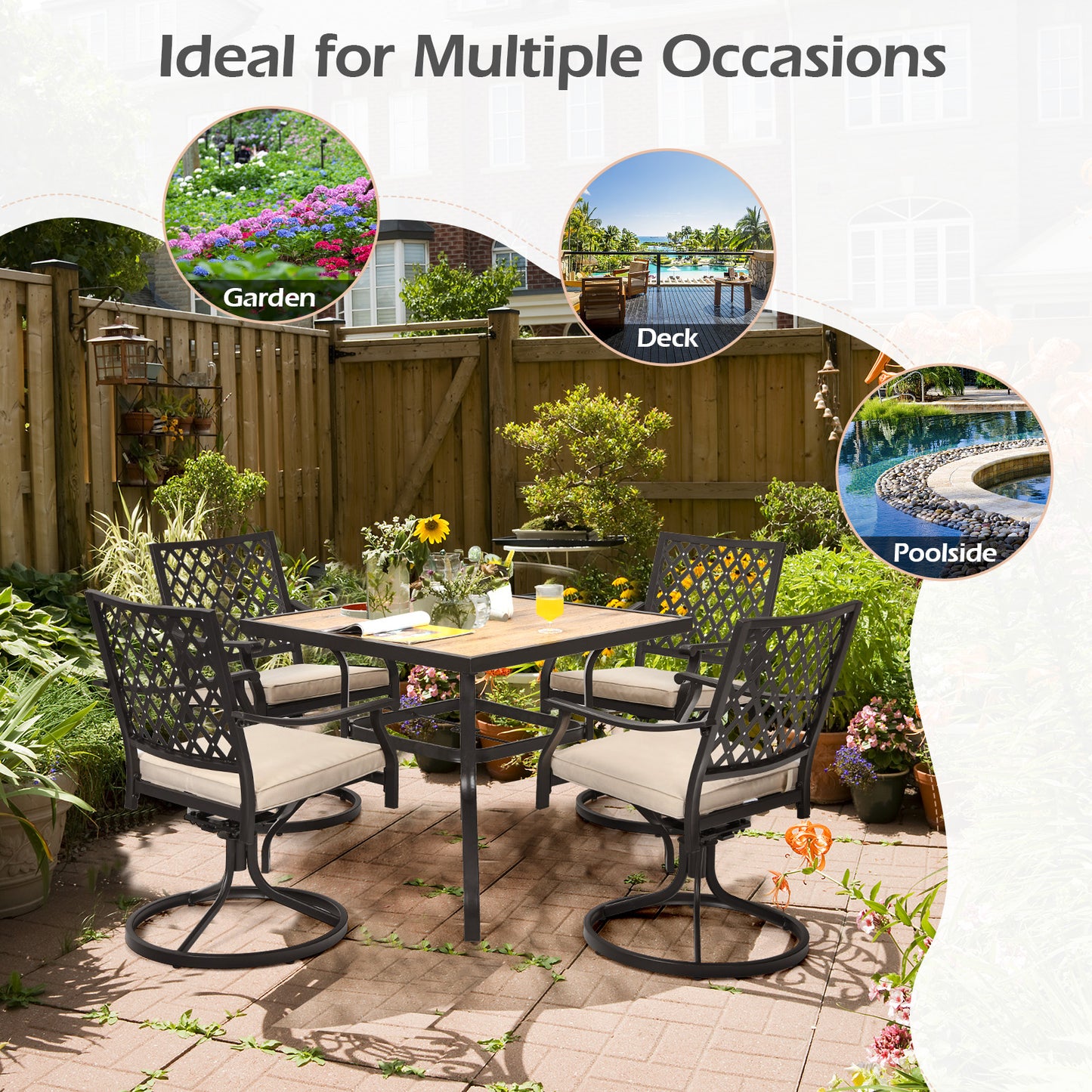 Patiojoy 5PCS Patio Rattan Dining Set with Soft Cushions 4 Swivel Chairs with Dining Table for Poolside&Garden Grey