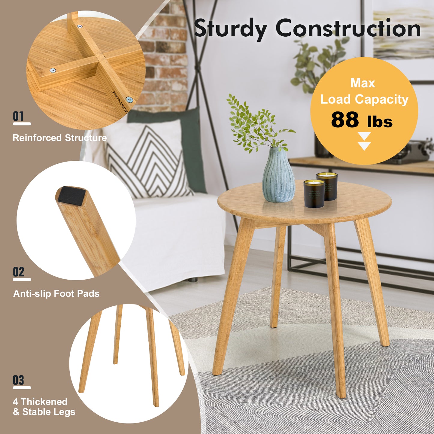 Topbuy 19.5 Inch Round Natural Bamboo Side Table Coffee Table Modern Stylish End Table w/4 Splayed Legs for Living Room Bedroom