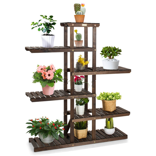 Topbuy 6-Tier Wood Plant Stand Vertical Flower Display Rack W/ Carbonized Fir Wood Space-Saving Organizer Shelf W/ 12 Placing Spots