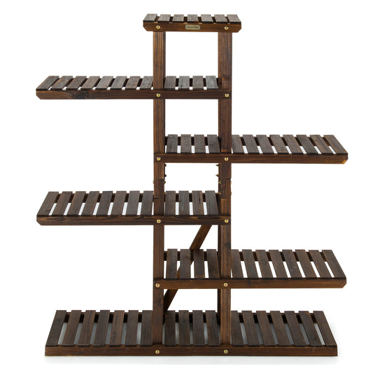 Topbuy 6-Tier Wood Plant Stand Vertical Flower Display Rack W/ Carbonized Fir Wood Space-Saving Organizer Shelf W/ 12 Placing Spots