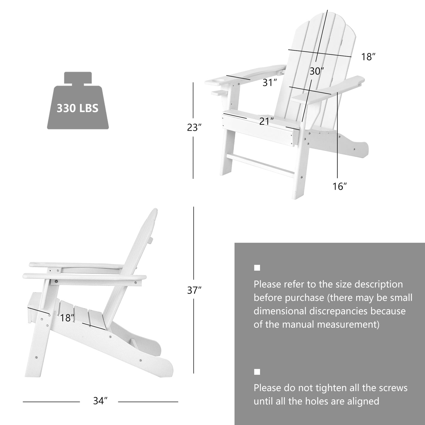 Patiojoy Adirondack Chair Outdoor Fire Pit Chair with Cup Holde Weather Resistant Lounger Chair for Backyard Garden Patio and Deck Black/Grey/Turquoise/White