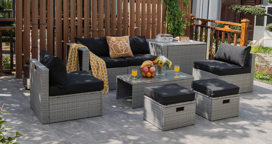 Patiojoy 8 Pieces All-Weather PE Rattan Patio Furniture Set Outdoor Space-Saving Sectional Sofa Set with Storage Box Black/Off White/Navy/Red/Grey